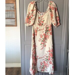 Faithfull The Brand Floral Midi Dress Cream Orange Puff Sleeve Smocked Back Sz M